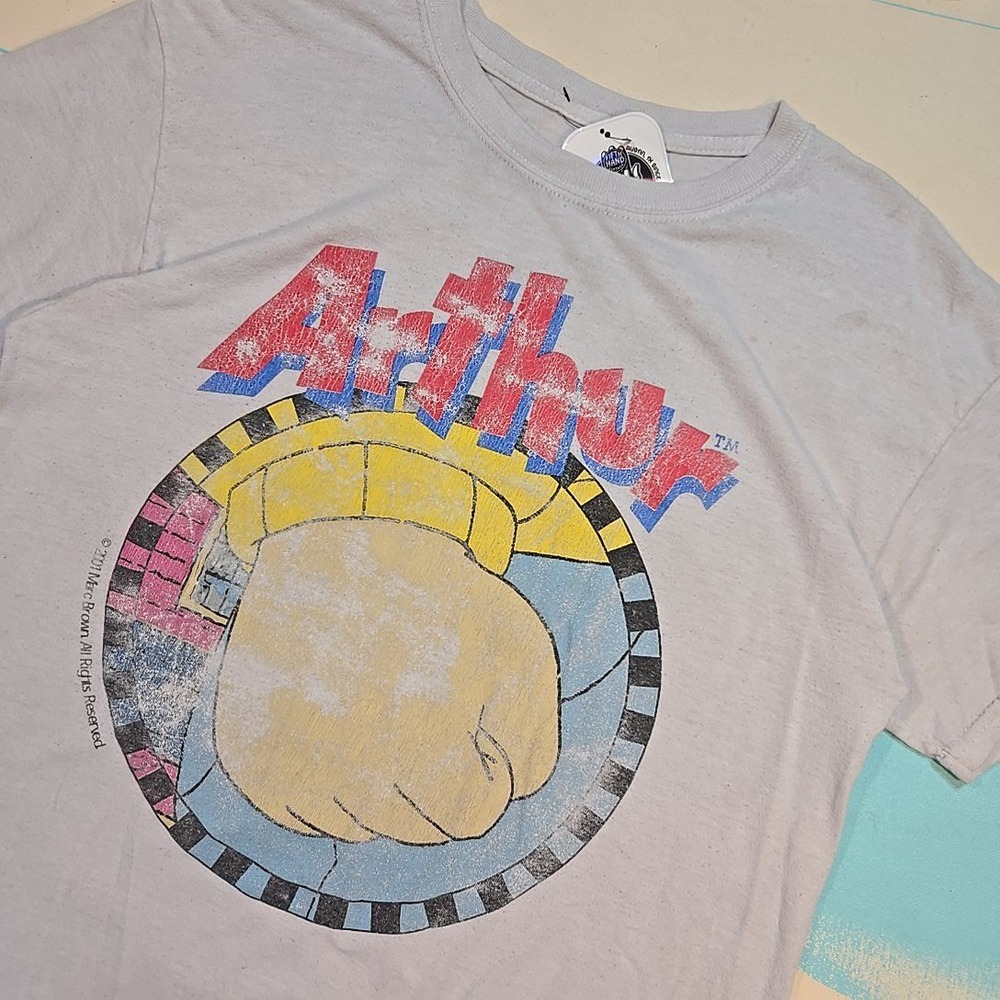 VTG Arthur Fist Meme T-Shirt 2001 Marc Brown Size‎ L PBS Kids Cartoon Fist Gray